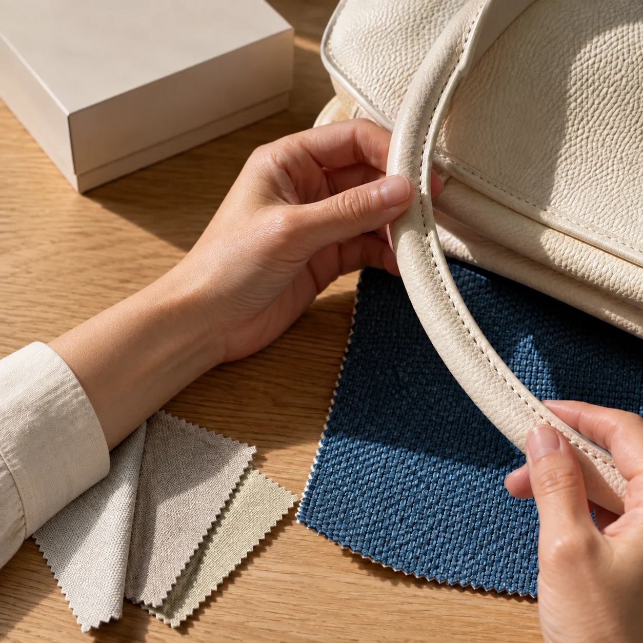 Hands examining stitching and material samples on a worktable