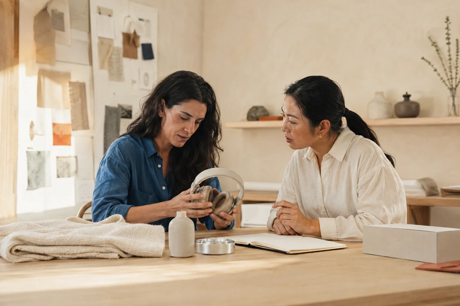 Two women reviewing a headphone sample at a studio worktable