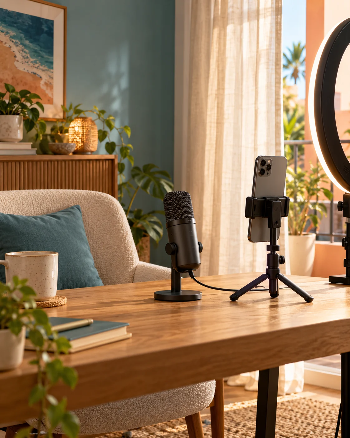 An illustrative home LIVE setup with a microphone, phone and studio light