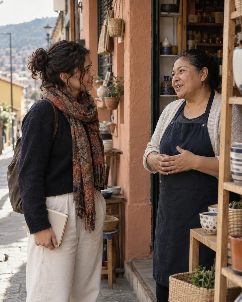 A local researcher talking with a neighborhood shop owner